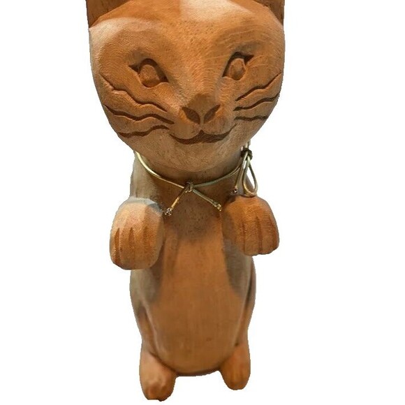 Folk Art Whimsical Rustic Light Wood Carved 12" Tall Standing Cat w/Angel Wings* - Picture 6 of 6